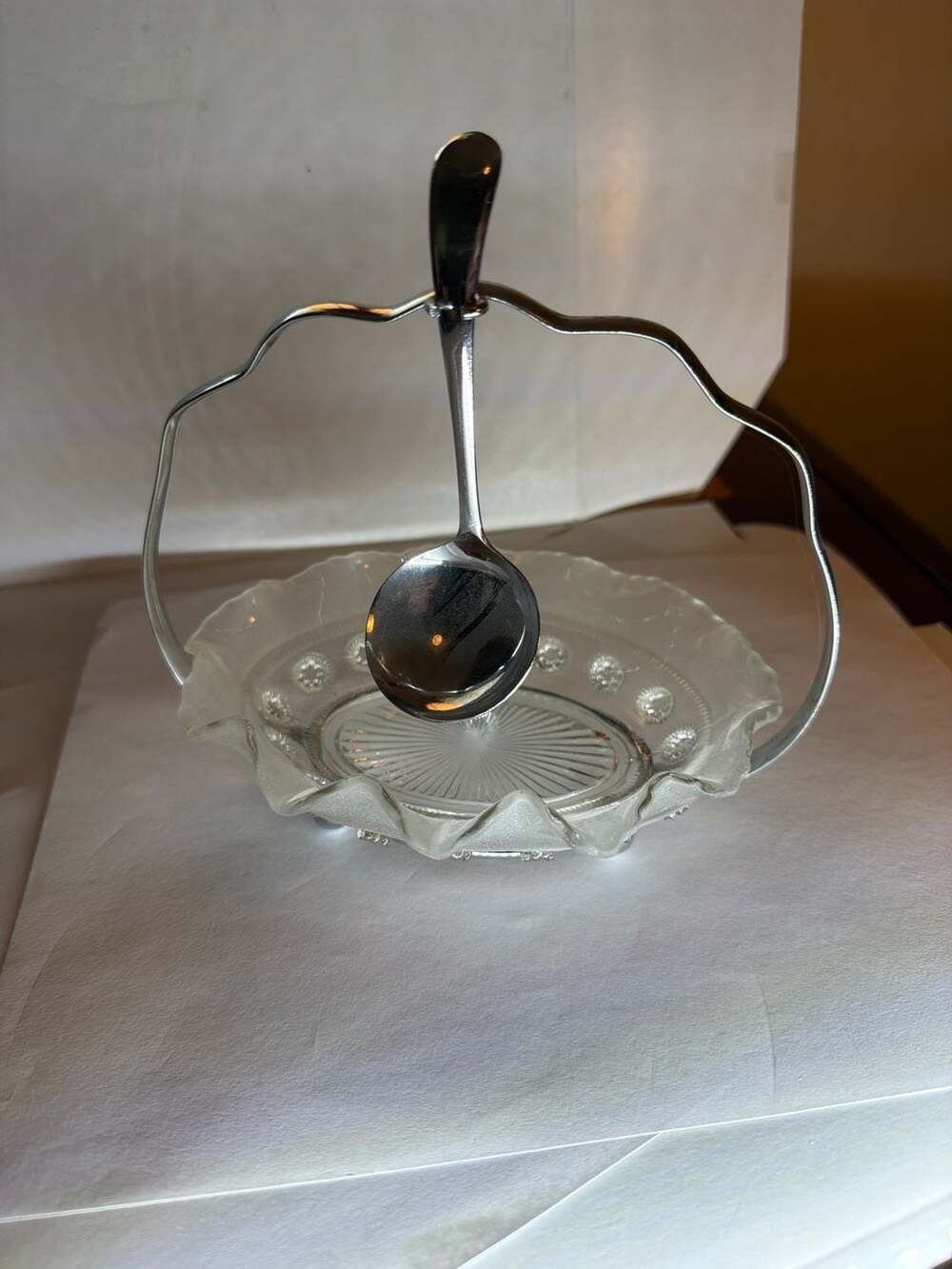 Vintage Sheffield England Chrome Jam Jelly Server with Ruffled Glass Bowl and Sp
